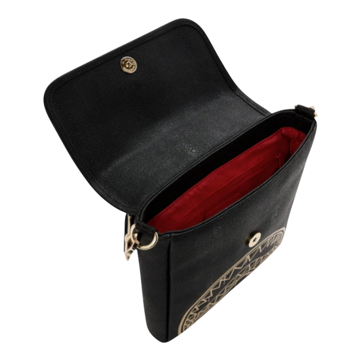 HypeSelection black faux leather messenger sling bag with gold graphic detail and red interior. Features adjustable strap and secure closure.