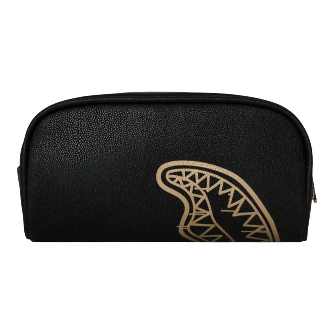 HypeSelection black PVC pouch with gold shark mouth graphic, zip closure, and textured finish.