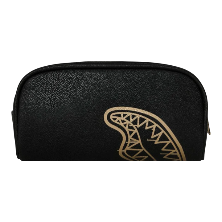 HypeSelection black PVC pouch with gold shark mouth graphic, zip closure, and textured finish.