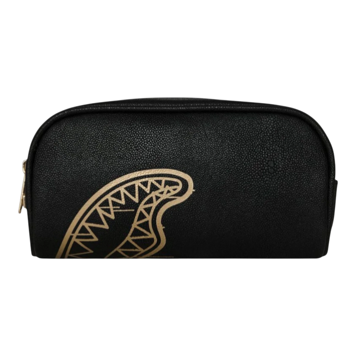 HypeSelection black PVC pouch with gold shark mouth graphic and zip closure.