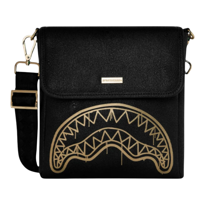 HypeSelection black faux leather messenger sling bag with gold shark mouth graphic and adjustable strap.