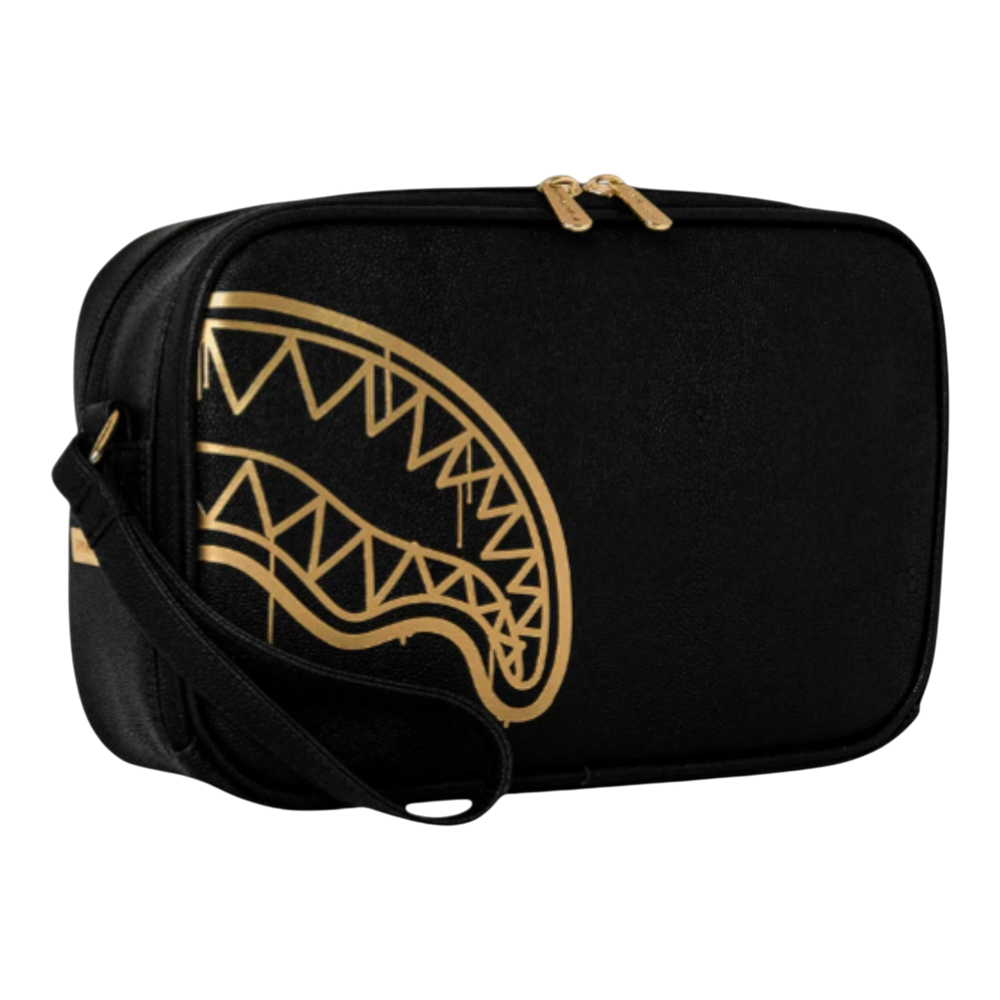 HypeSelection black toiletry bag with gold shark mouth graphic and wrist strap. Durable synthetic construction.