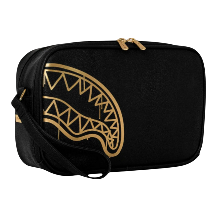HypeSelection black toiletry bag with gold shark mouth graphic and wrist strap. Durable synthetic construction.