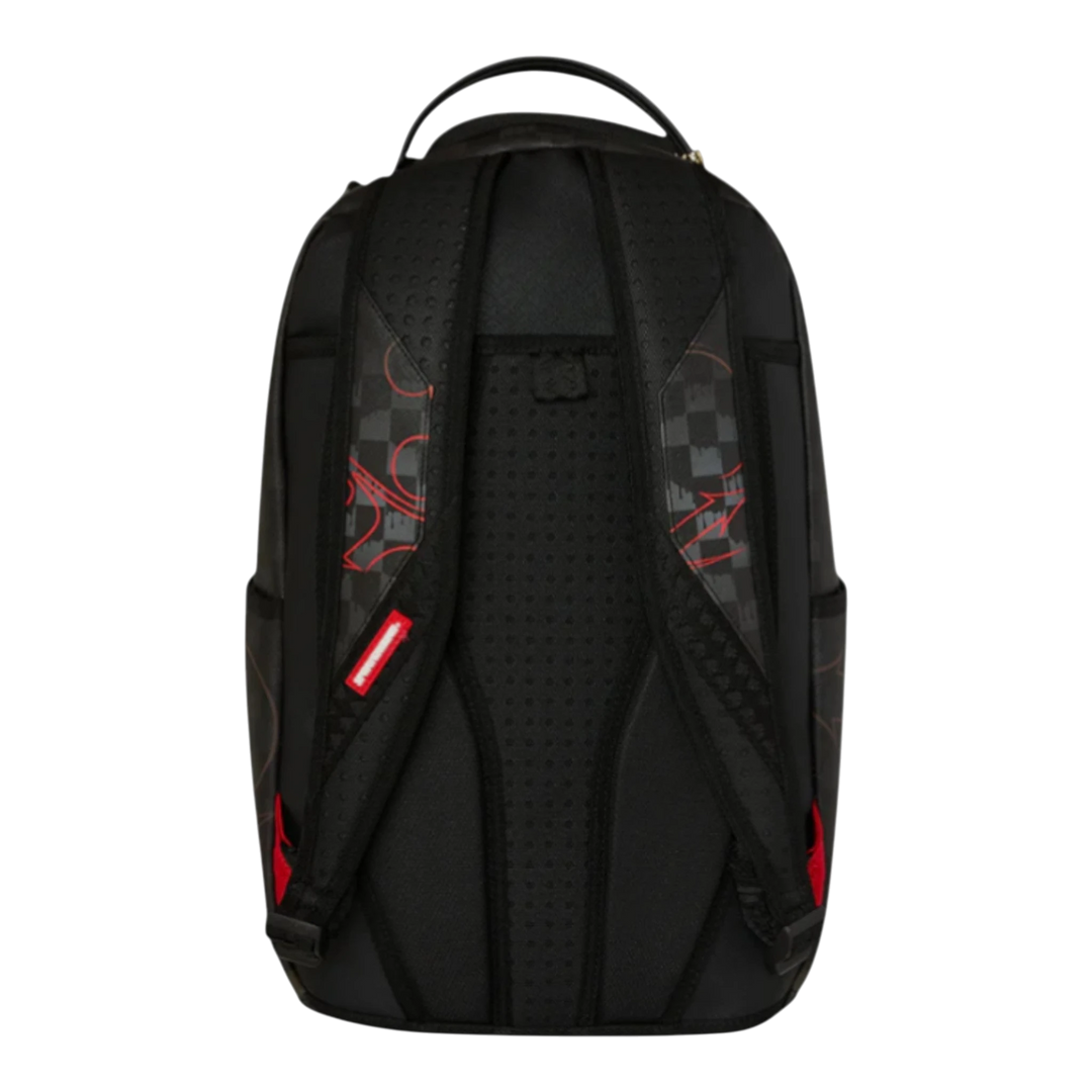 HypeSelection black backpack with red graffiti-inspired graphics and checkered pattern on straps. Padded back and adjustable straps.