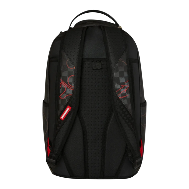 HypeSelection black backpack with red graffiti-inspired graphics and checkered pattern on straps. Padded back and adjustable straps.