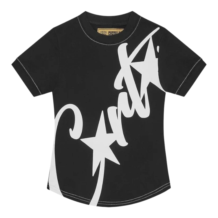HypeSelection black cotton elastane blend baby tee with white graphic logo print and a cropped fit.