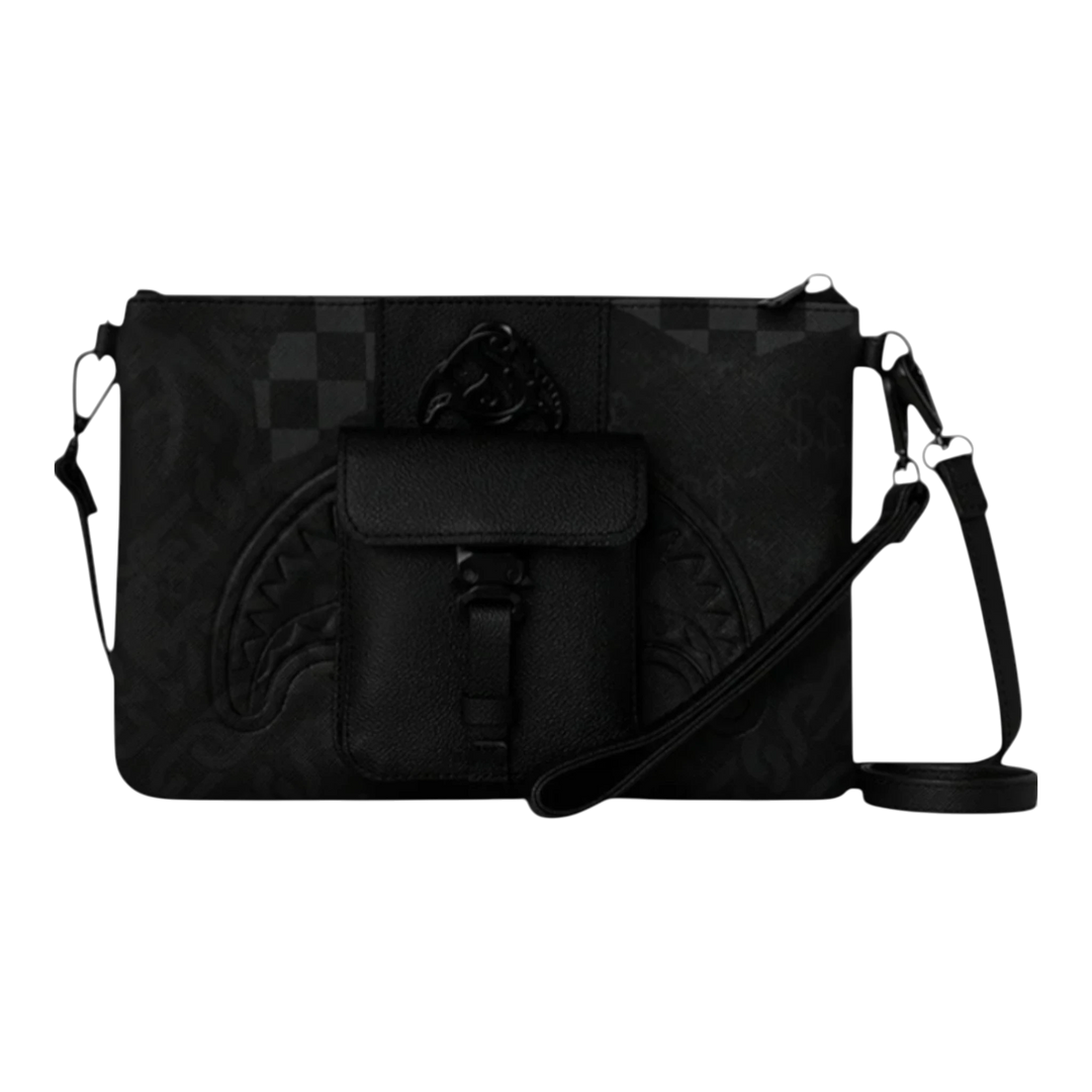 HypeSelection black vegan leather crossbody pouchette with all-over graphic print and front flap pocket.