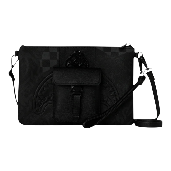 HypeSelection black vegan leather crossbody pouchette with all-over graphic print and front flap pocket.