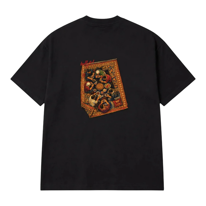 HypeSelection black cotton t-shirt with a graphic print of people sharing a meal on a rug.