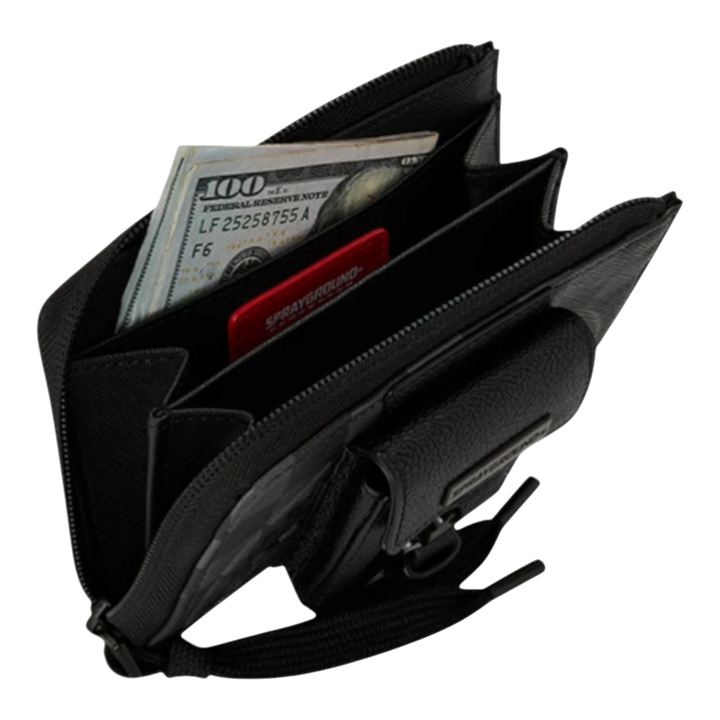 HypeSelection black synthetic bi-fold wallet with multiple card slots, ID window, and elastic closure. Features a bold graphic design and holds cash.