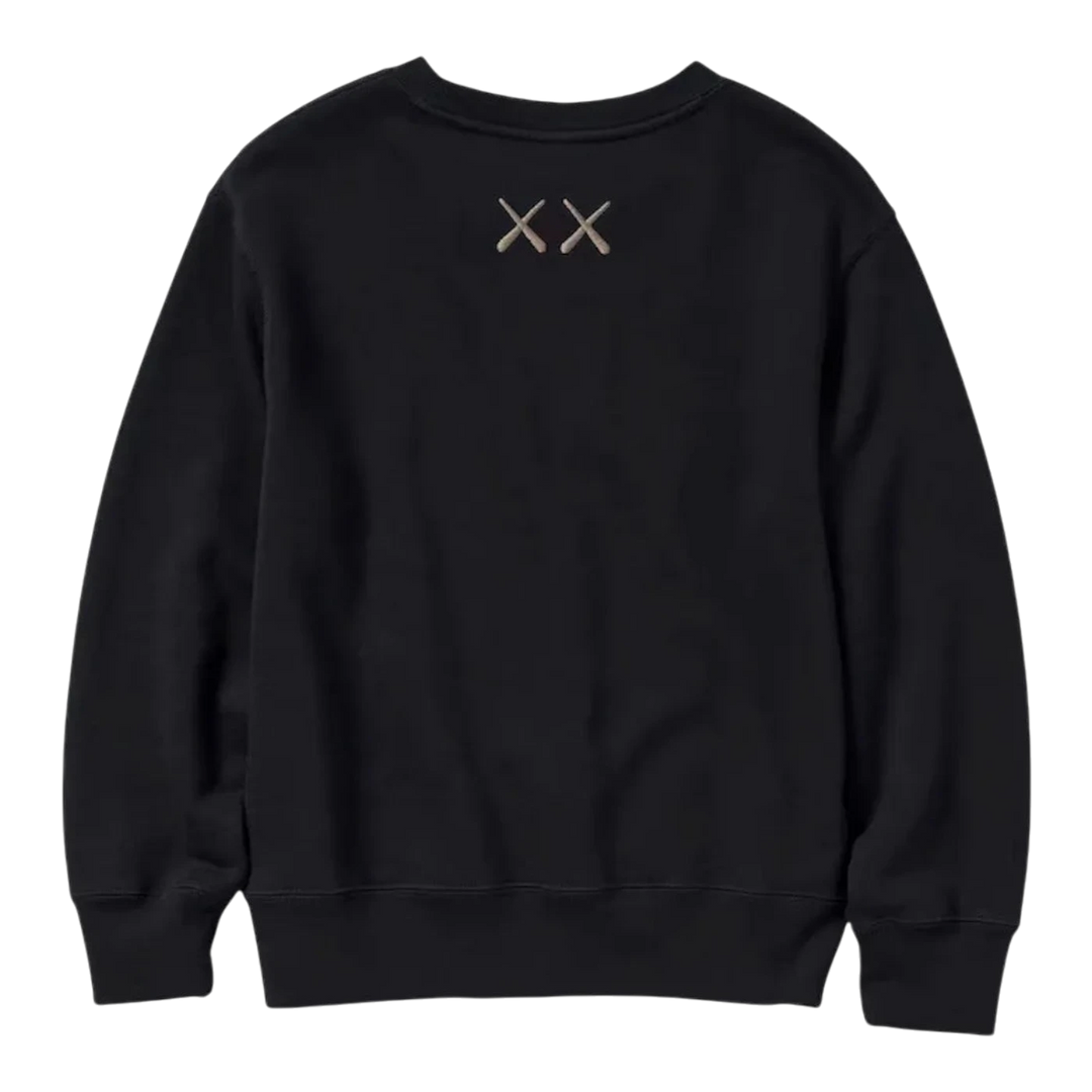 HypeSelection black cotton KAWS x Uniqlo kids long-sleeve sweatshirt with signature XX graphic on back.