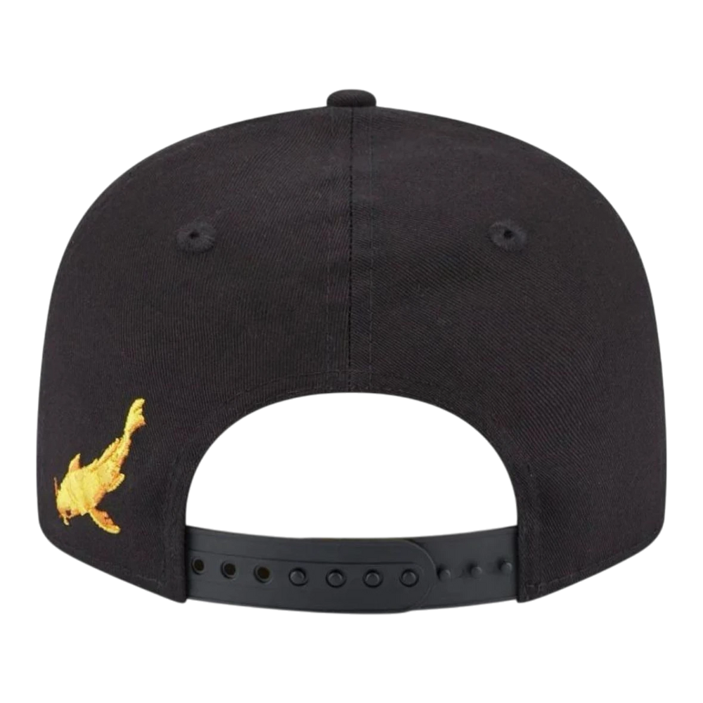 HypeSelection black cotton snapback hat with embroidered gold koi fish detail on the side and adjustable snap closure.