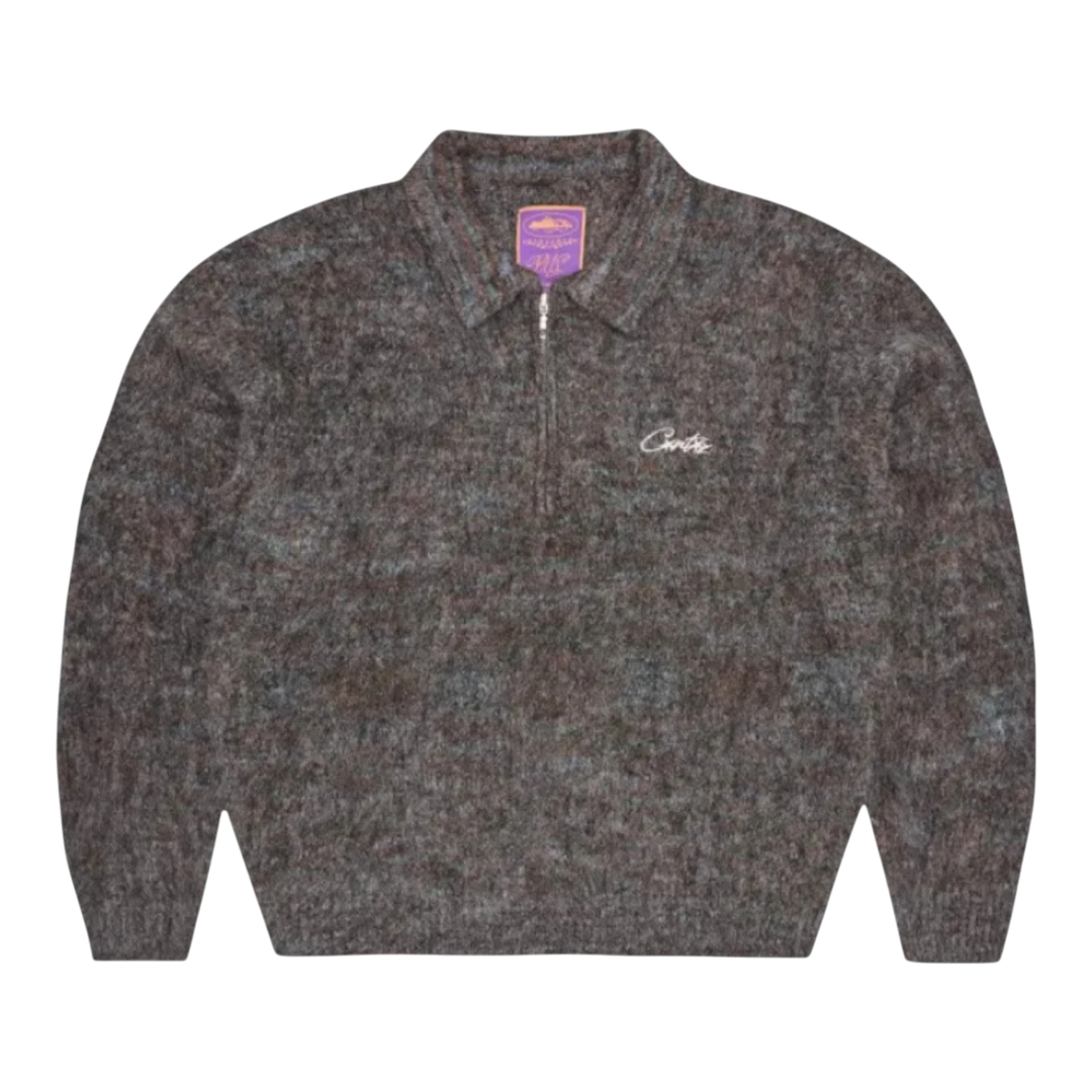 HypeSelection black melange mixed knit half zip sweater with embroidered logo on chest and ribbed trims.