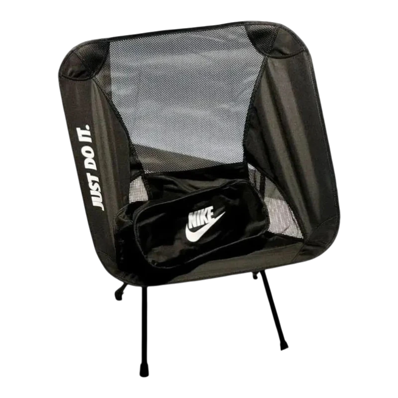 HypeSelection black Nike outdoor camping folding chair with mesh back and "JUST DO IT." text.