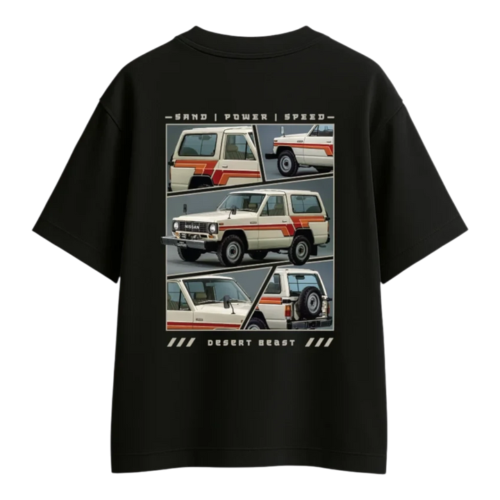 HypeSelection black t-shirt featuring a graphic print of a vintage Nissan Patrol off-road vehicle in desert scenes.