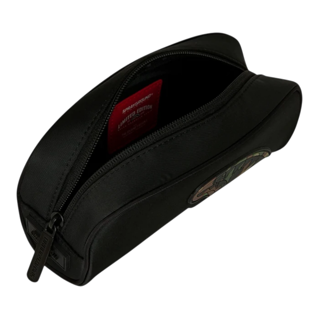 HypeSelection black nylon pencil pouch with camo embossed shark design and interior limited edition label