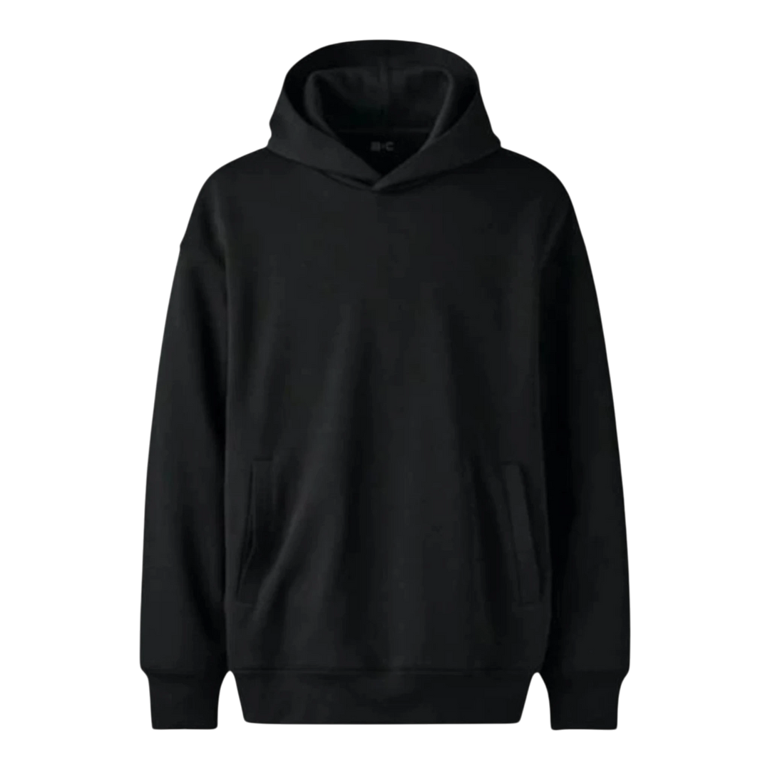 HypeSelection black oversized cotton-blend hoodie with a front kangaroo pocket and drawstring hood.