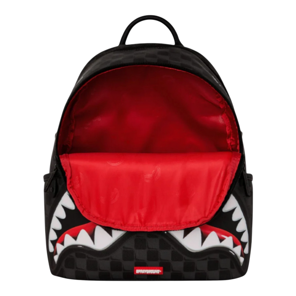 HypeSelection black and red checkered backpack with iconic shark mouth graphic and gold-tone zipper.