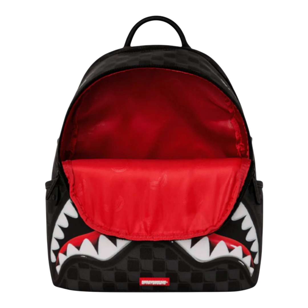 HypeSelection black and red checkered backpack with iconic shark mouth graphic and gold-tone zipper.