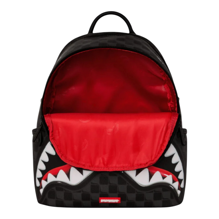 HypeSelection black and red checkered backpack with iconic shark mouth graphic and gold-tone zipper.