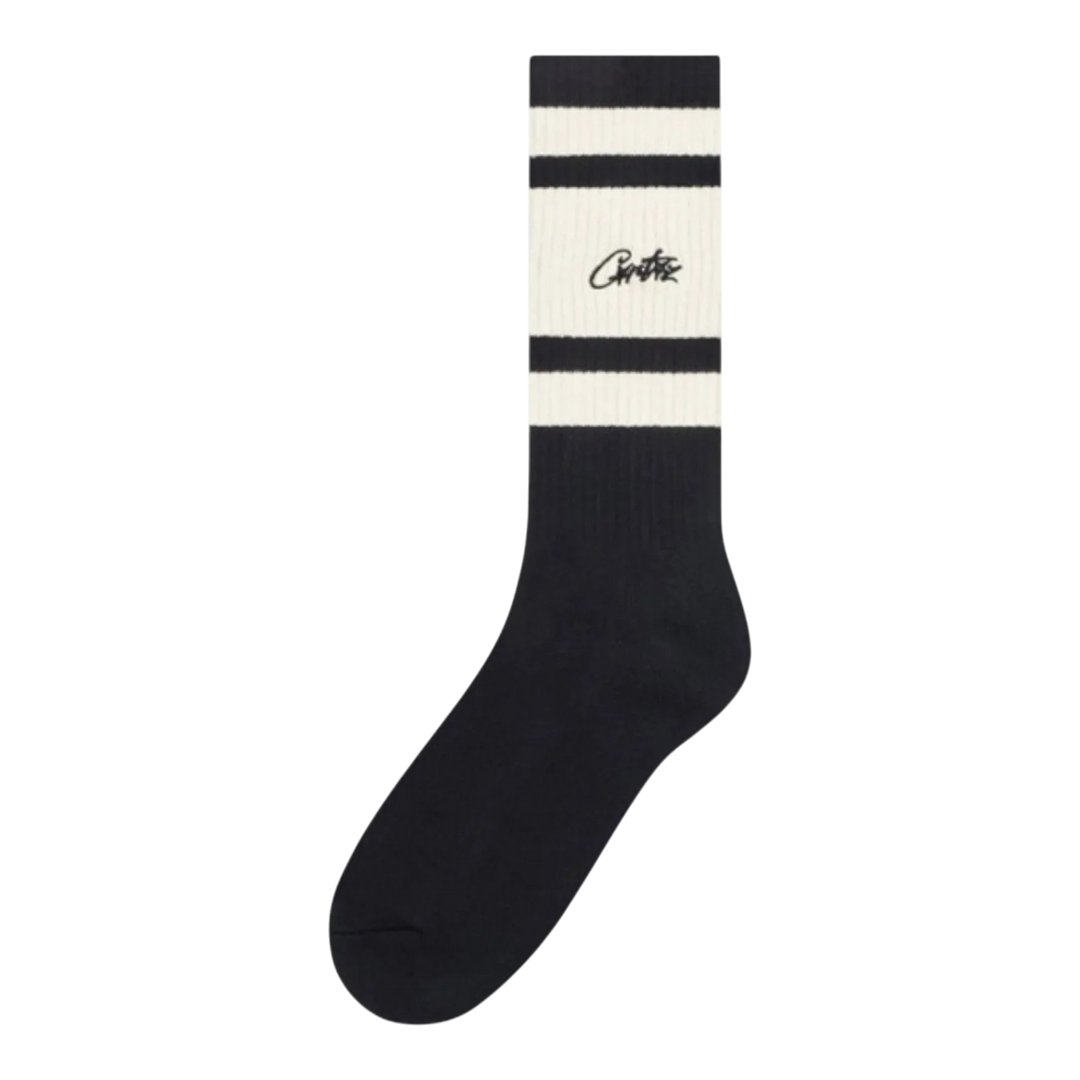 HypeSelection black cotton-blend crew socks with white stripes and embroidered logo
