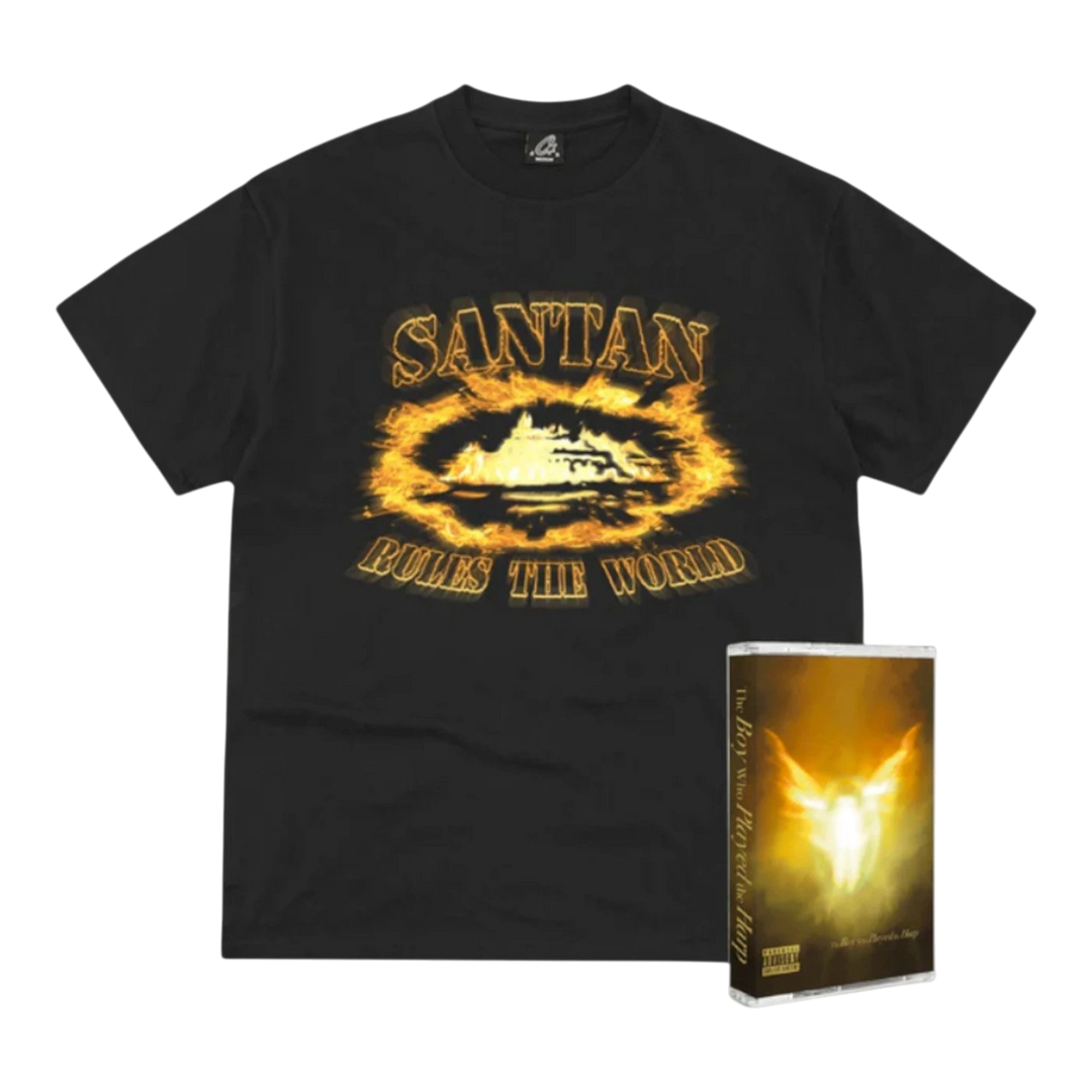 HypeSelection black 100% cotton t-shirt with orange flame Alcatraz graphic and 'Santan Rules The World' text.