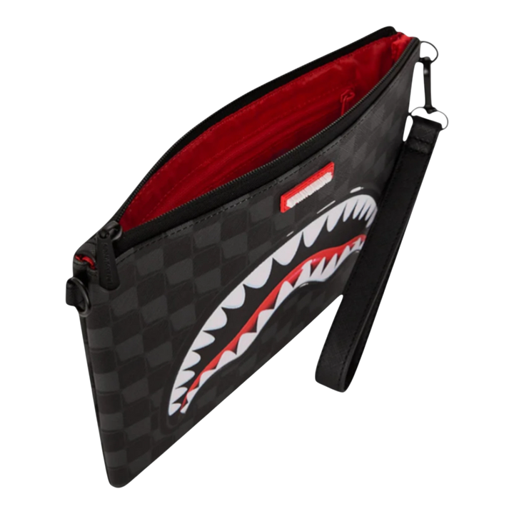 HypeSelection black synthetic leather crossover clutch with iconic shark graphic and red interior.