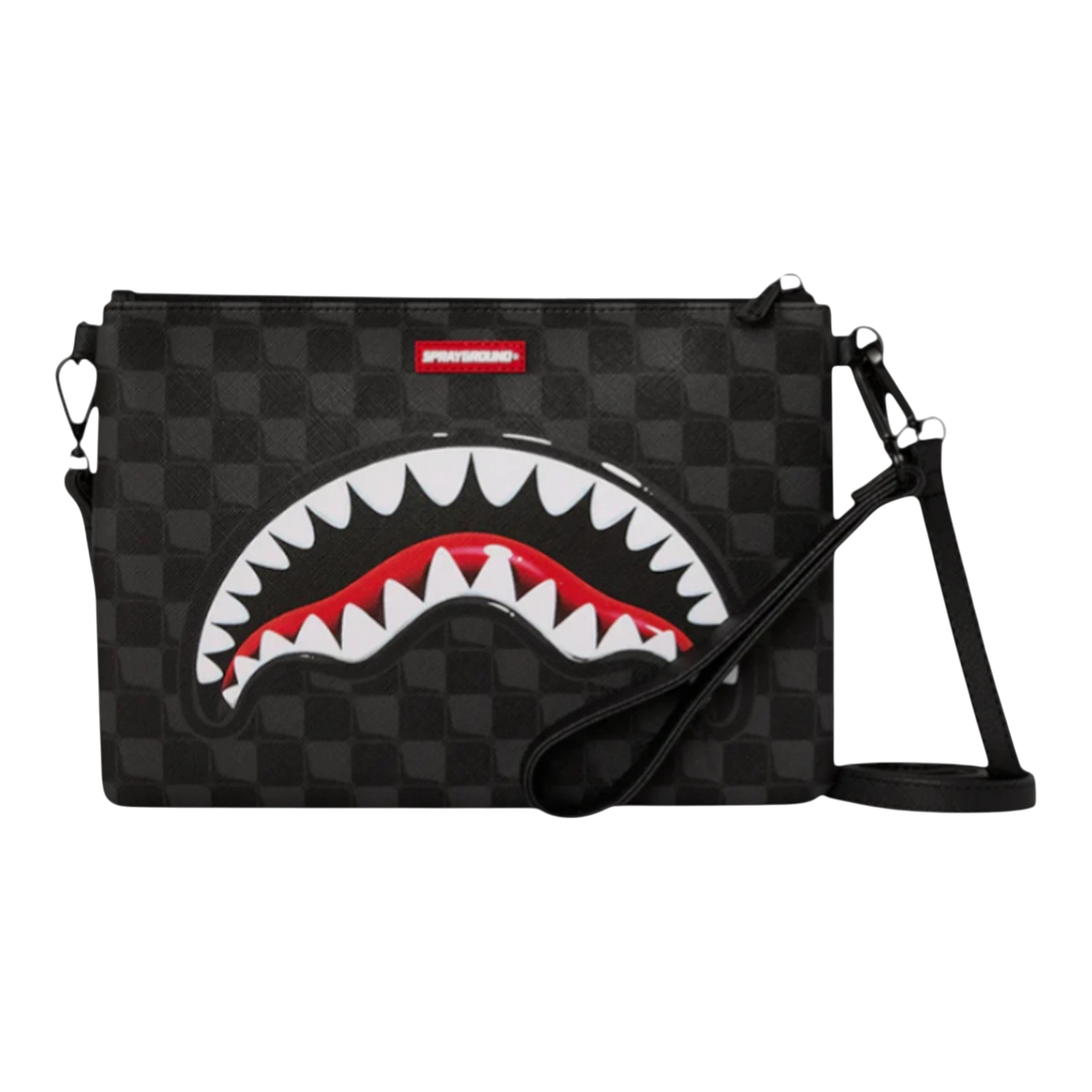 HypeSelection black checkered clutch with iconic Sprayground shark mouth graphic and red accents. Features a removable wrist strap.