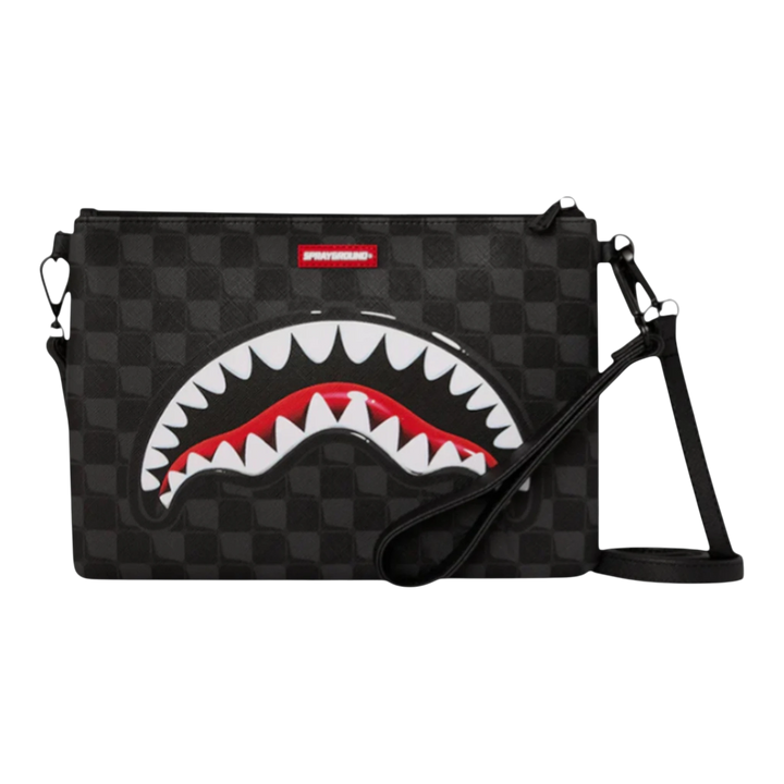 HypeSelection black checkered clutch with iconic Sprayground shark mouth graphic and red accents. Features a removable wrist strap.