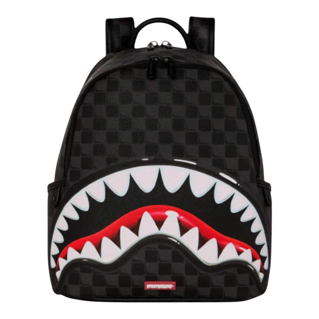 HypeSelection black checkered faux leather backpack with iconic red and white shark mouth graphic. Features dual compartments and adjustable straps.