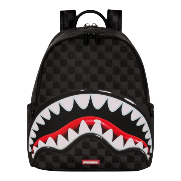 HypeSelection black checkered faux leather backpack with iconic red and white shark mouth graphic. Features dual compartments and adjustable straps.