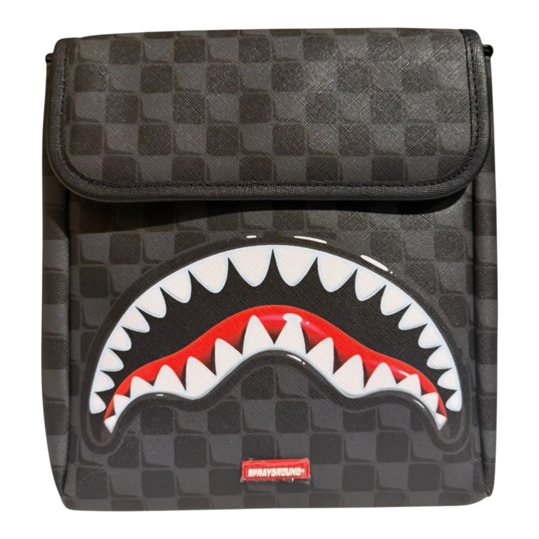 HypeSelection black checkerboard PVC messenger sling with iconic Sprayground shark mouth graphic and red logo tag.
