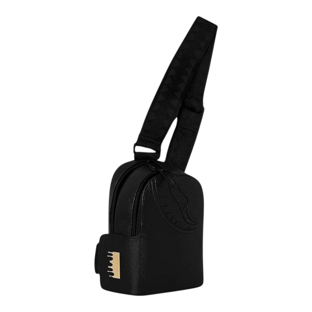 HypeSelection black synthetic leather Sprayground Gold Brick Luxe sling bag with embossed shark mouth and gold logo