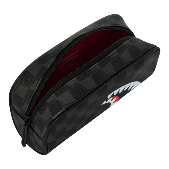HypeSelection black checkered pouch with iconic shark mouth graphic and red interior. Zip closure for secure storage.
