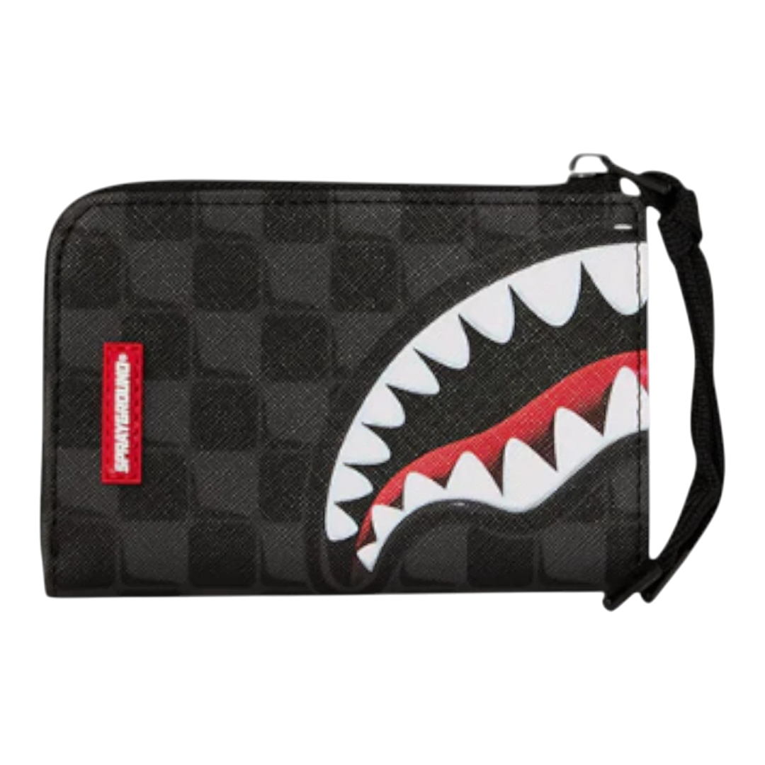 HypeSelection black wallet with checkerboard pattern and iconic shark mouth graphic. Features a red and white design with a black wrist strap.