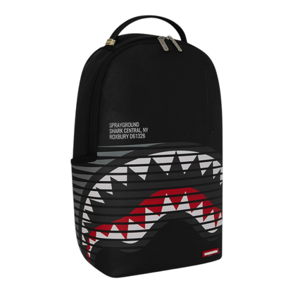 HypeSelection black backpack with iconic shark mouth graphic and wave pattern. Features text 'SPRAYGROUND SHARK CENTRAL, NY ROXBURY D61326'.