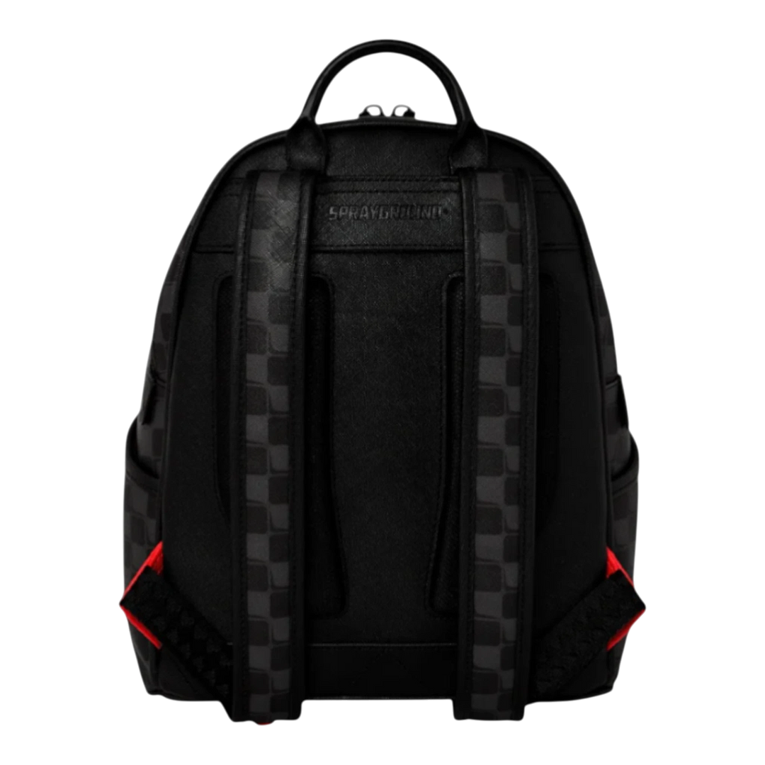 HypeSelection black faux leather backpack with grey checkered pattern and red accents, featuring signature shark graphic.