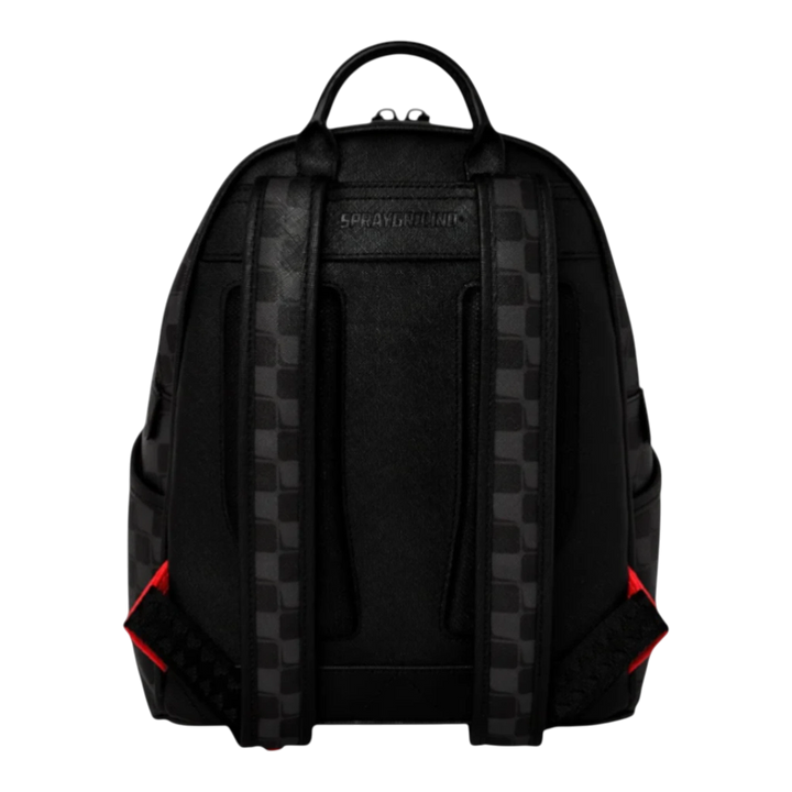 HypeSelection black faux leather backpack with grey checkered pattern and red accents, featuring signature shark graphic.