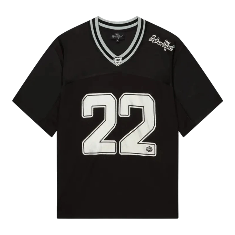 HypeSelection black and silver Broken Planet football jersey with number 22 and contrasting trim.