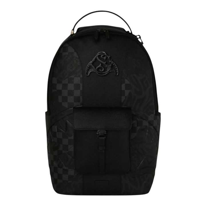 HypeSelection black Sprayground 3AM Mix Up V2 DLXSV backpack with mixed graphic patterns and front flap pocket.