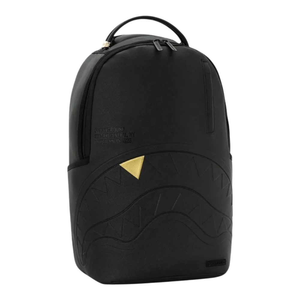 HypeSelection Sprayground blacked out backpack with embossed shark mouth design and a single gold tooth detail.