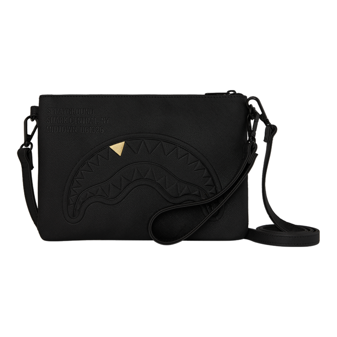 HypeSelection Sprayground black crossover clutch featuring the iconic embossed shark mouth design with a gold tooth.