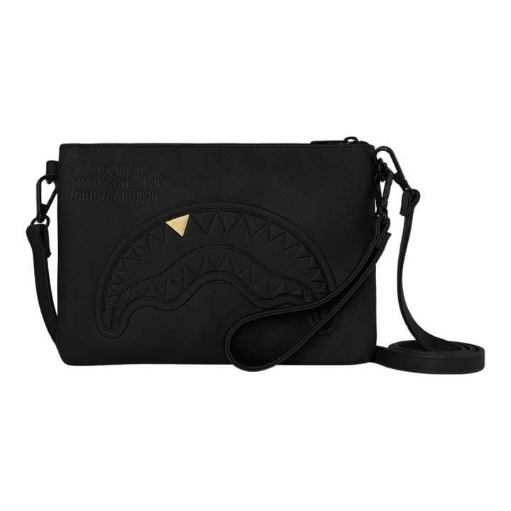 HypeSelection Sprayground black crossover clutch featuring the iconic embossed shark mouth design with a gold tooth.