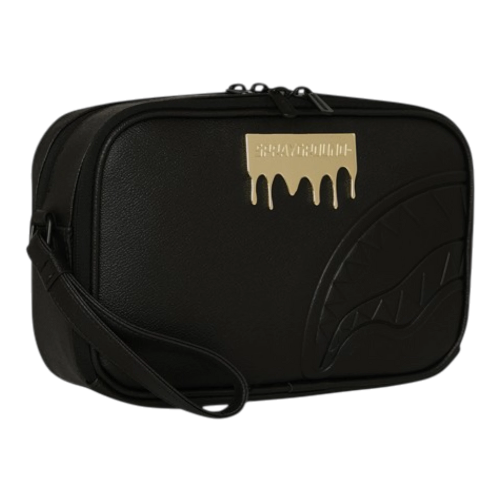 HypeSelection black faux leather toiletry bag with gold drip logo and shark fin detail. Features a wrist strap and zip closure.