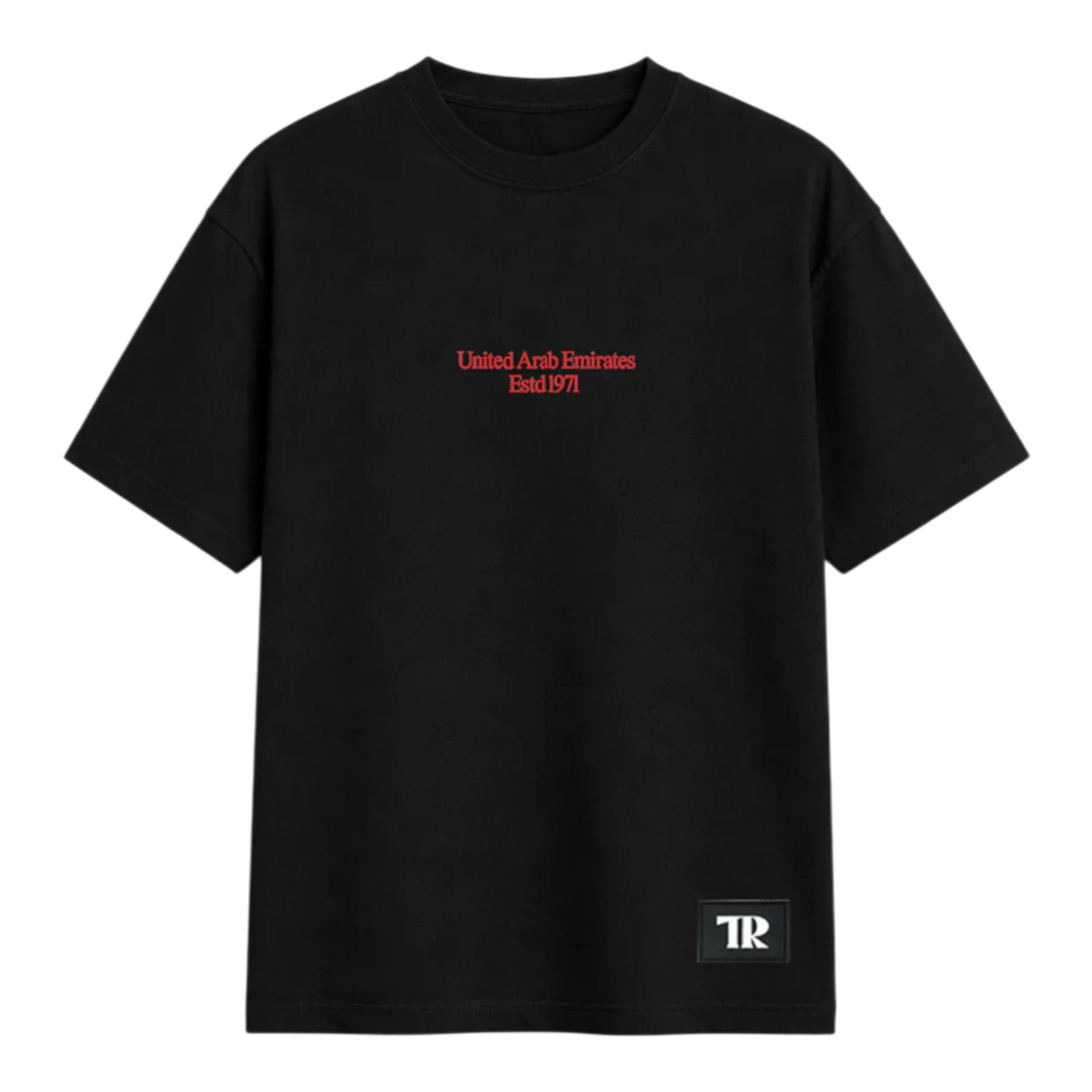 HypeSelection black oversized cotton-blend t-shirt with red 'United Arab Emirates Estd 1971' text and a TR logo patch.