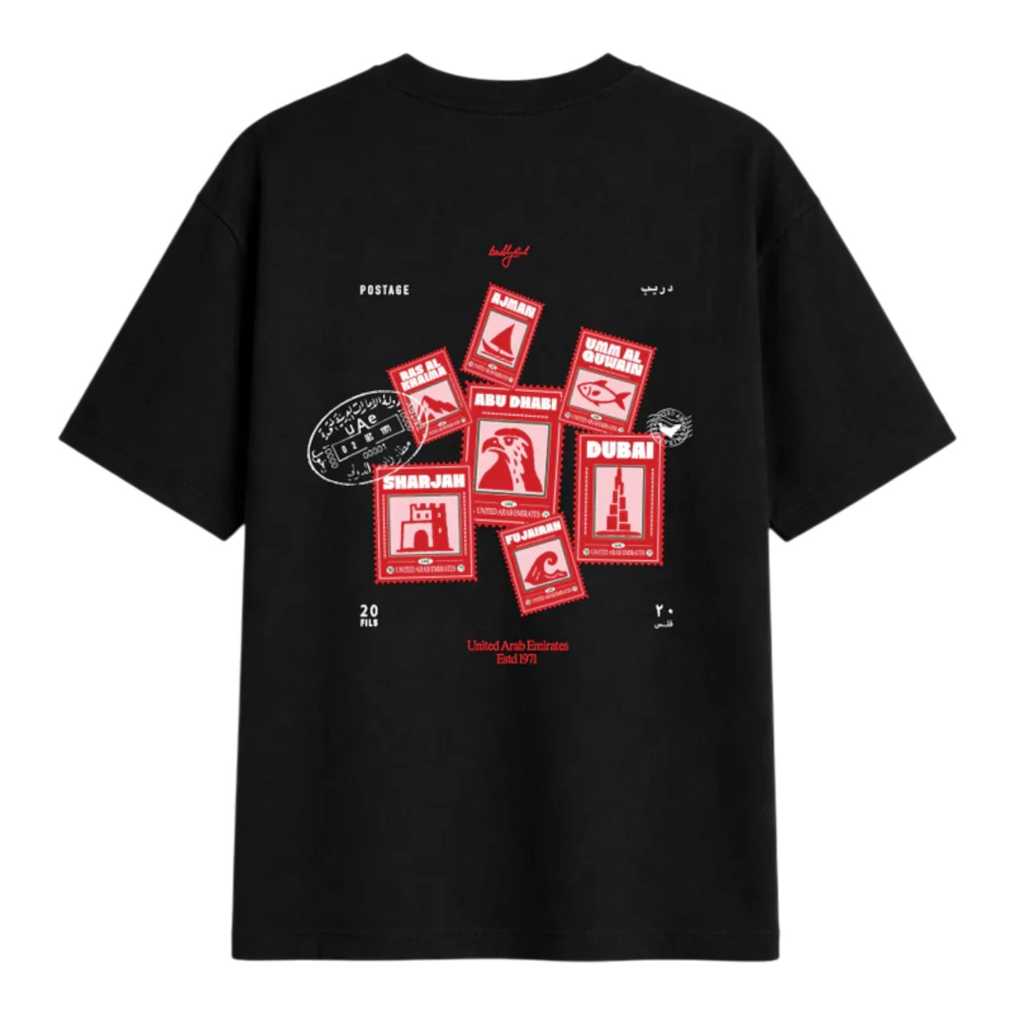 HypeSelection black oversized t-shirt with vintage UAE postage stamp graphics in red. Features Dubai, Abu Dhabi, Sharjah, Ajman, and more.