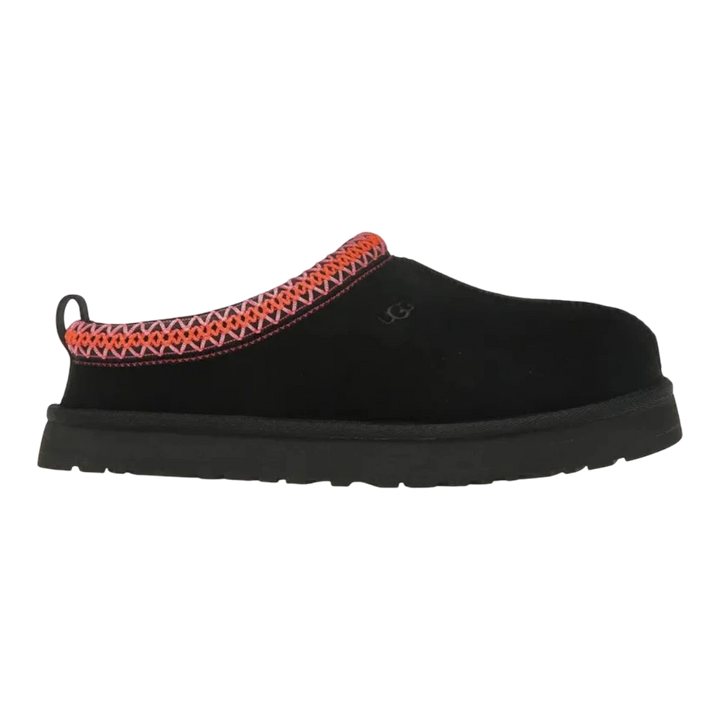 HypeSelection black suede UGG Tazz slipper for kids with multicolor braided collar and pull tab.