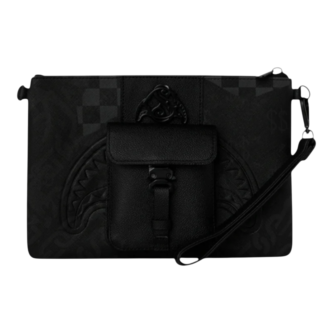 HypeSelection black vegan leather crossbody pouchette with a graphic shark mouth design and front flap pocket.