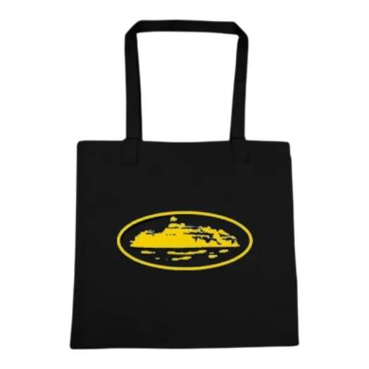 HypeSelection black tote bag with yellow oval logo graphic, durable canvas material, perfect for everyday use.