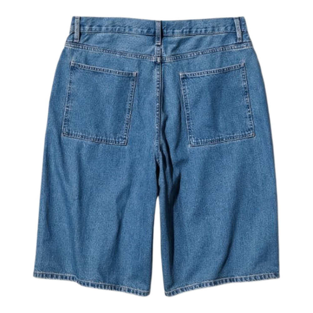 HypeSelection UNIQLO unisex blue washed denim jorts featuring a loose below-knee fit and back pockets
